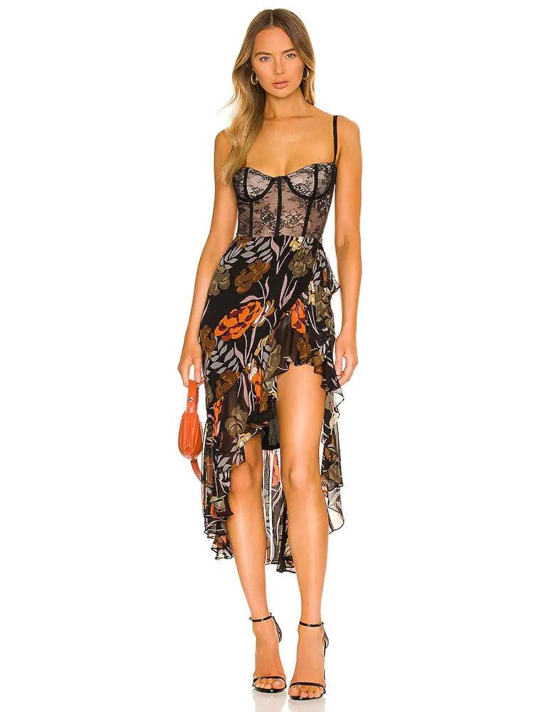 V-Neck Printed Ruffles Strap Midi Dress - Shoply