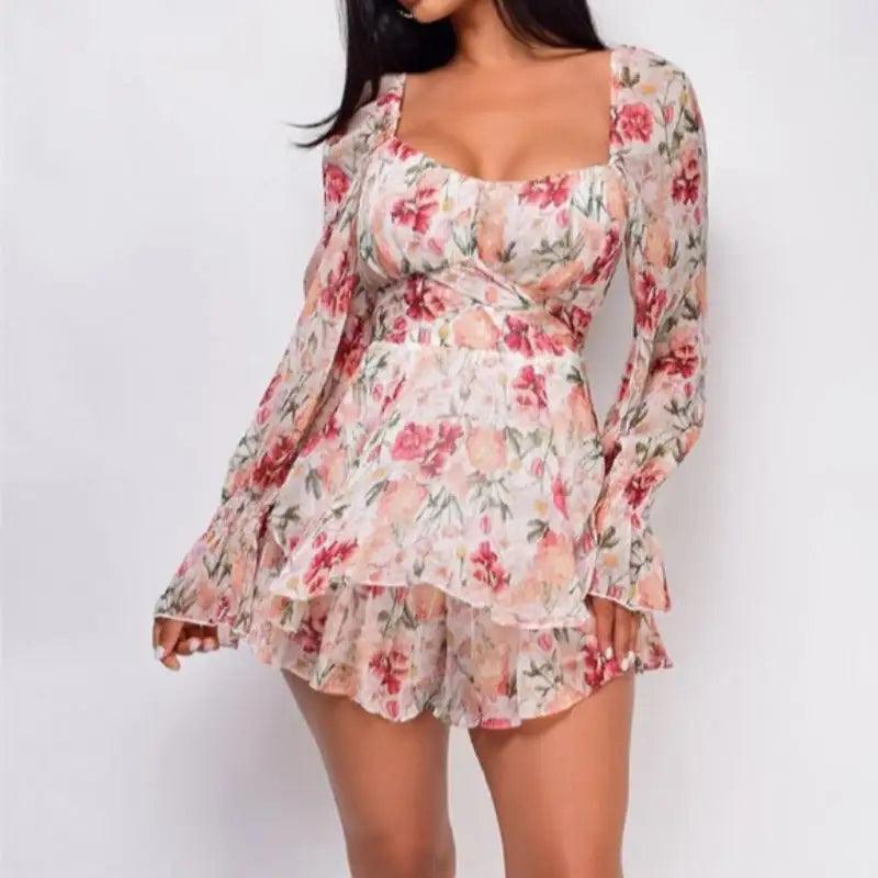 Square Collar Backless Romper - Shoply