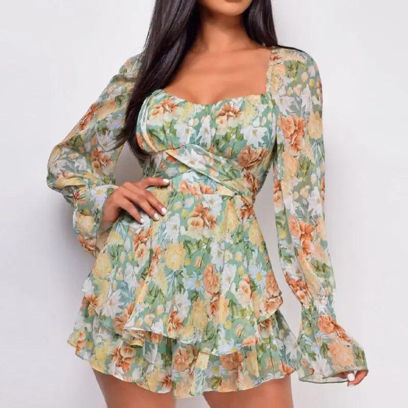 Square Collar Backless Romper - Shoply