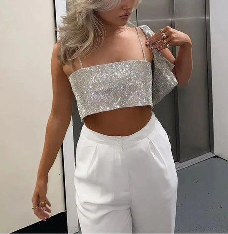 Women Sexy Gothic Crop Top Backless Bling Metallic Sequin - Shoply