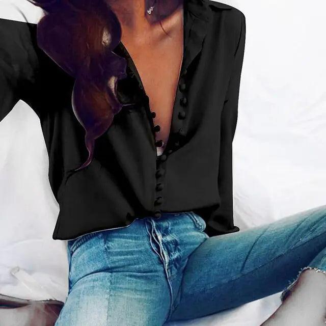 Fashion Casual Solid Color ladies office Tops Sexy Buttons Long sleeve Blouse 2020 new Spring Women Chiffon white Shirt - Shoply