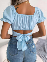 Square Neck Crisscross Flounce Sleeve Cropped Top - Shoply