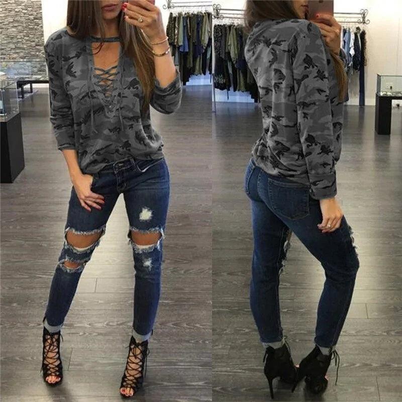 Women's Camouflage V-Neck Hooded Sweatshirt with Long Sleeves - Shoply