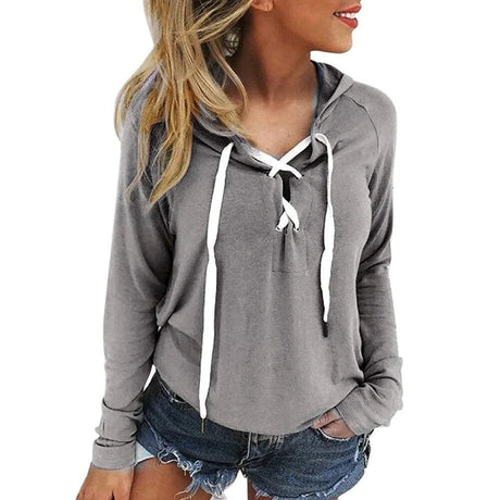 Women's Plus Size Deep V Neck Hooded Sweatshirt with Cross Lace Up Design - Shoply